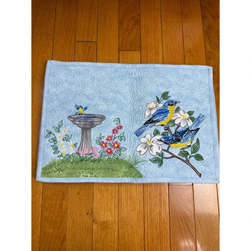 Set of 4 Quilted Embroidered Bluebird Birdbath Floral Placemats Light Blue‎